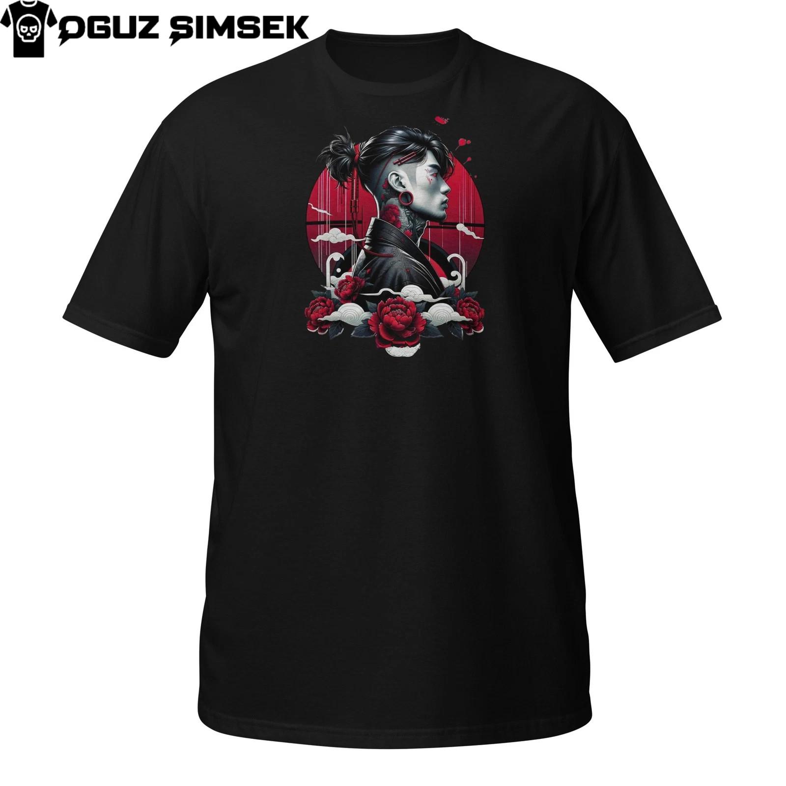 Ronin Streetwear T-Shirt Mens Womens Tees Top – Samurai Style Art with Roses and Red Sun M