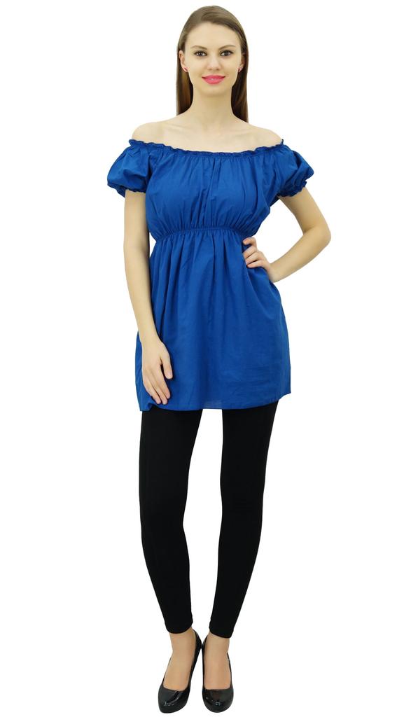 Bimba Women's Off shoulder Puff Sleeve Tops Elastic Waist Blouse Cotton