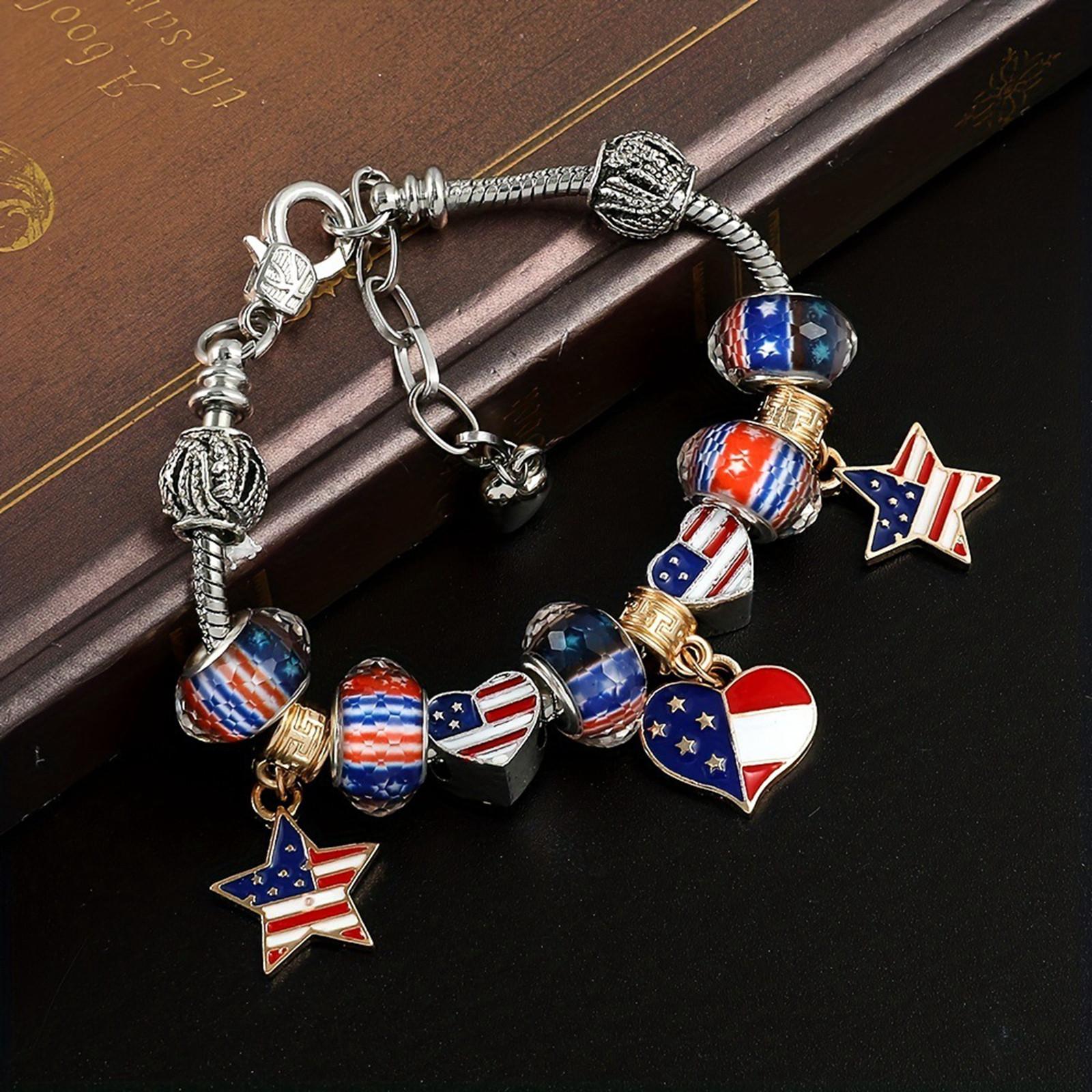 

Браслеты Красный Белый Синий Флаг США Патриотический Браслет ко Дню Независимости Американский Флаг Браслет со Звездой и Сердцем Мемориальный Браслет из Бисера
