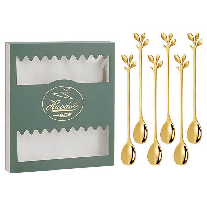 6PCS/Set Stainless Steel Gold Leaf Coffee Spoon 16.4cm Ice-Cream Tea Stirring Spoons for Tea, Coffee