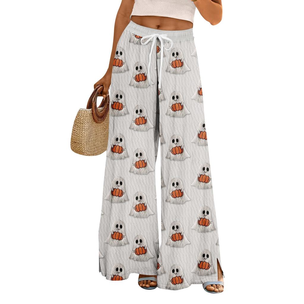 Women Summer Boho Palazzo Pants High Waist Wide Leg Halloween Printing Casual Trousers With Pockets