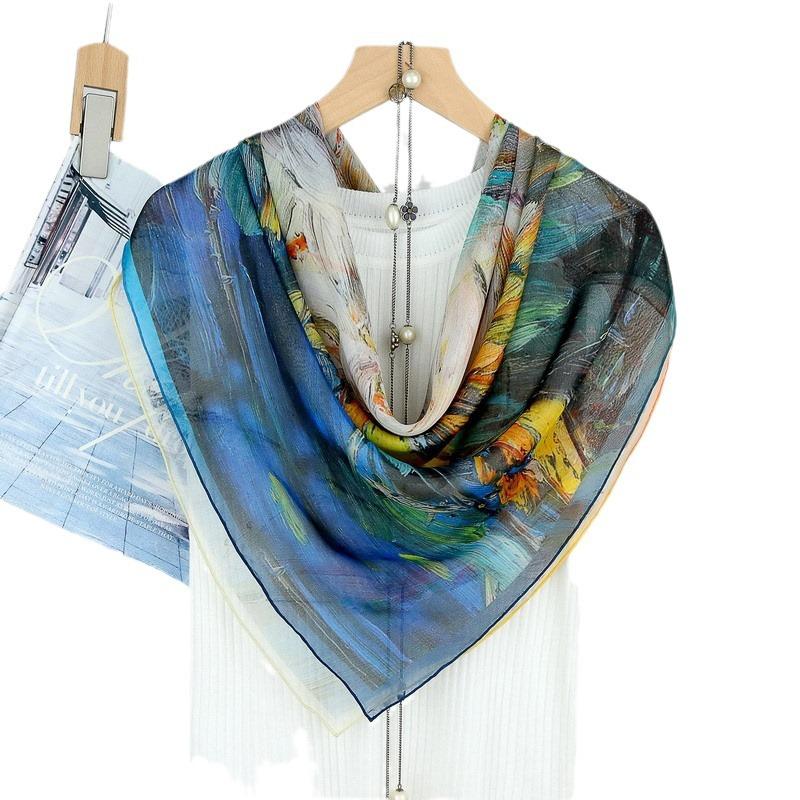Elegant oil painting blooms with colorful summer sunscreen silk, chiffon mulberry silk, 110 large square scarf, silk scarf, thin shawl