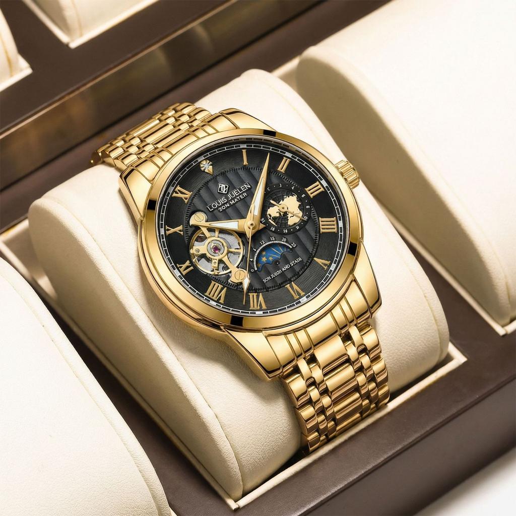 Vintage Automatic Watch Multifunctional Mechanical for Men Stainless Steel Skeleton Wristwatch Elegant Diamond Watches