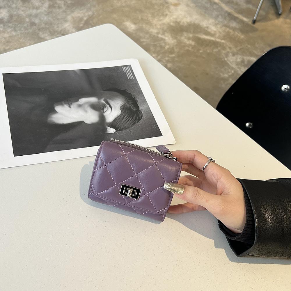 

Короткий кошелек с ромбовидной простежкой из натуральной кожи ягненка, женские кошельки со съемным кошельком для монет, маленький кошелек-бифолд с поворотным замком без логотипа фиолетовый