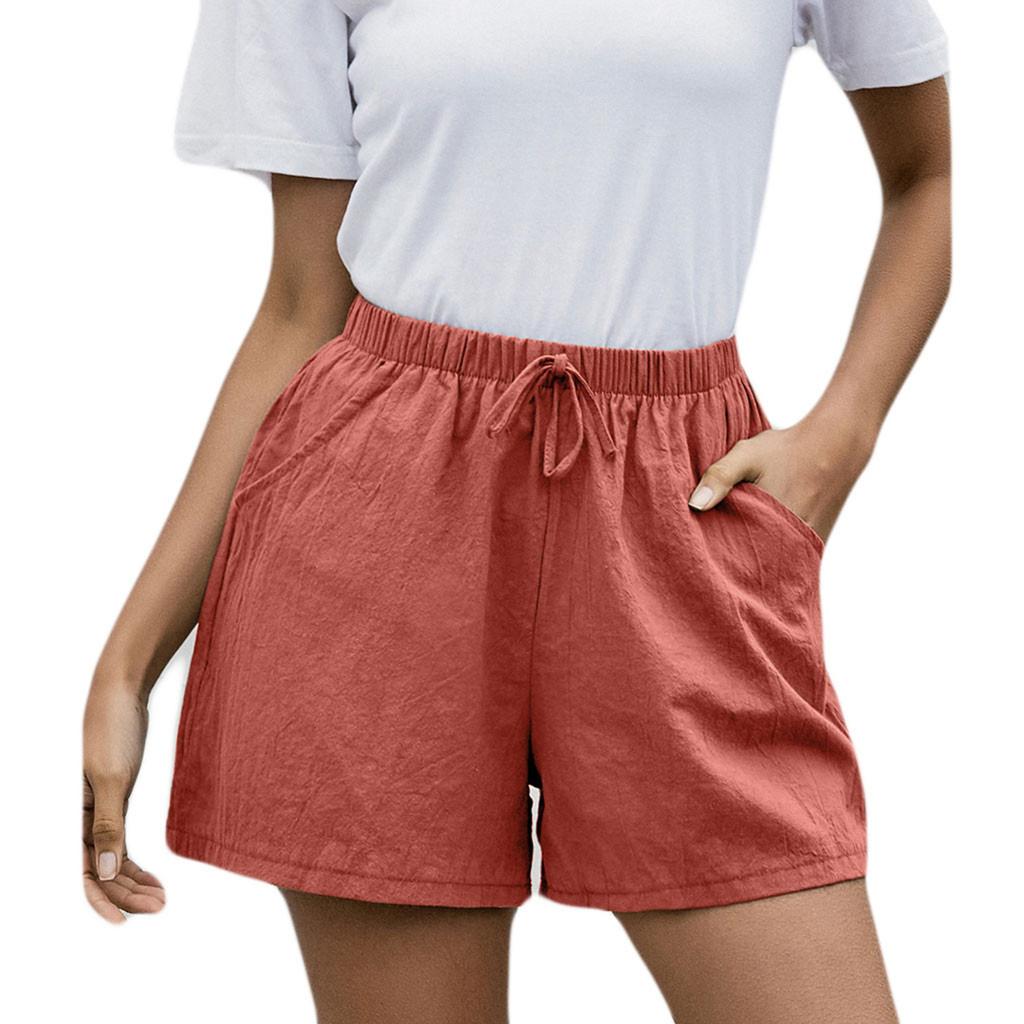 Women Solid High Waist Cotton And Linen Shorts Pants Casual Beach Shorts