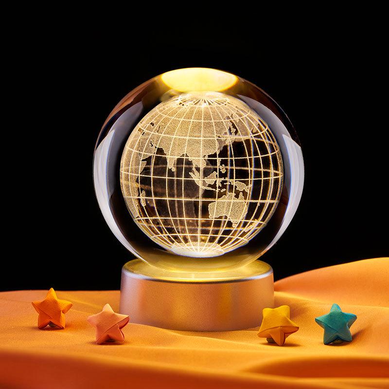 3D Earth Carved Night Light Ornament: Luminous Crystal Glass Ball Gift for Boys and Girls.