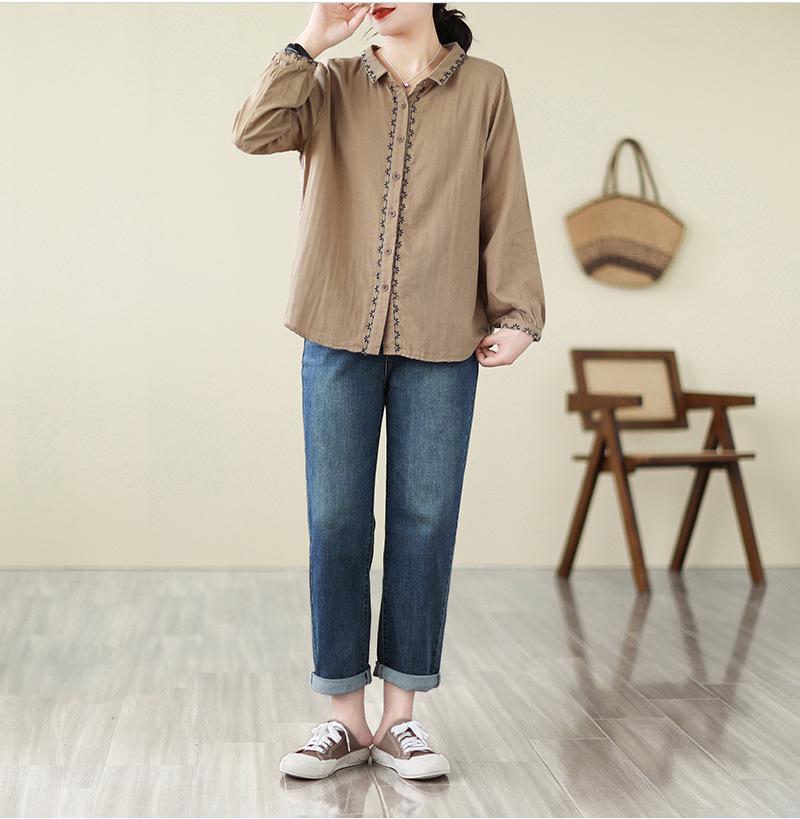 Women's Artistic Retro Embroidered Cotton Linen Shirt - Loose Casual Top for Spring 2026 Arrival