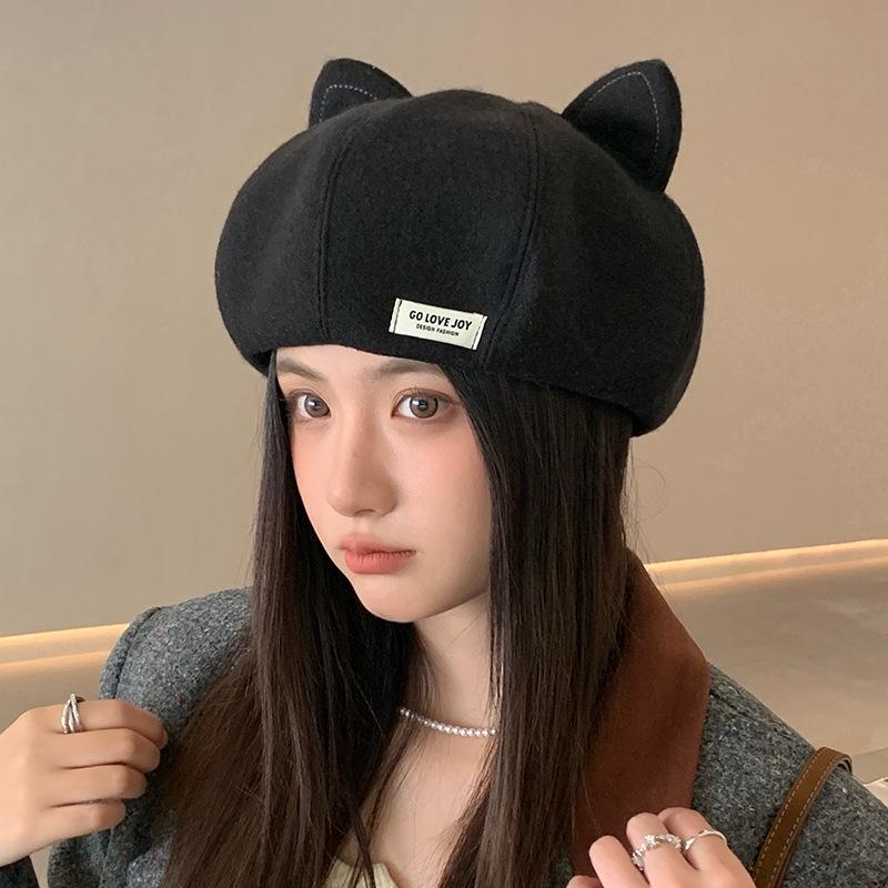 Koreanische Niedliche Katzenohren-Baskenmütze: Stilvoller Damen Fotogener Schlankmachender Achteckiger Hut