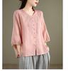 Vintage Hemden Sommer Stickerei Blumenbluse Damen Lässig 3/4 Ärmel Arbeit Blusen Locker Hemd Knöpfe Oberteile