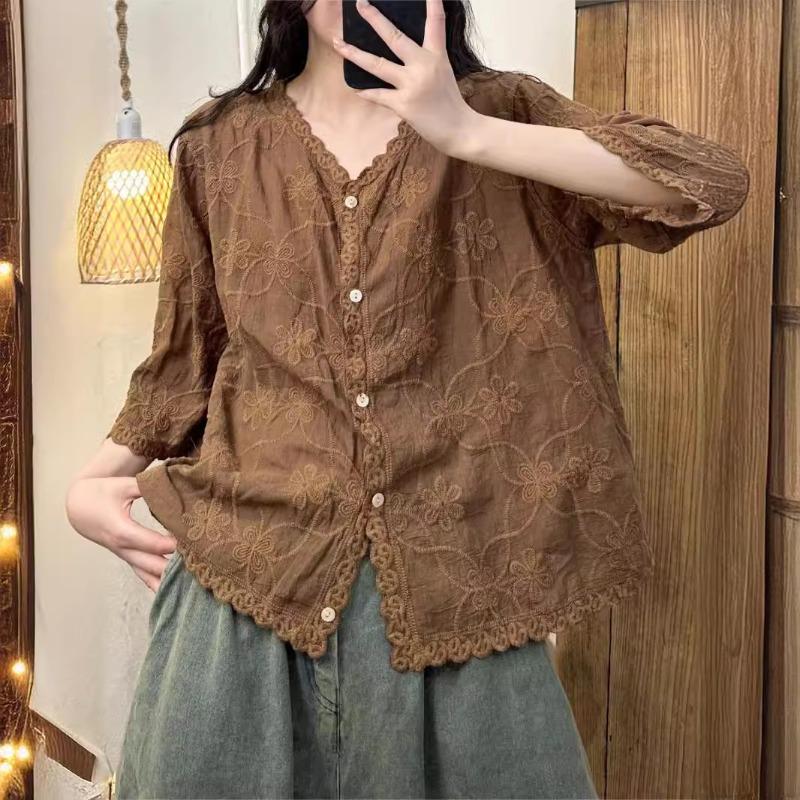 Damen Baumwollhemden Sommer Mori Girl Stil Stickerei Locker V-Ausschnitt Kragen Einreihig Oberteile Wild