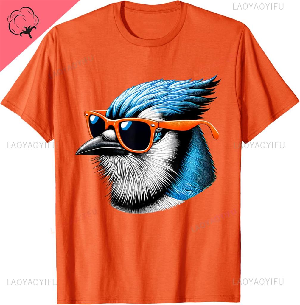 Cool Blue Jay Bird Wearing Sunglasses Graphic Art TShirt Custom Printed Graphic T Shirts Y2k Streetwear Summer Cotton  Tops