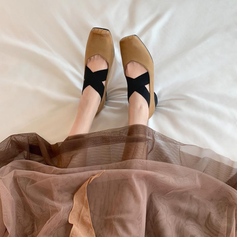 Shoes Pig Nose Square Head Polished Retro Cross Strap Thick Heel Ballet Shoes Single Shoes