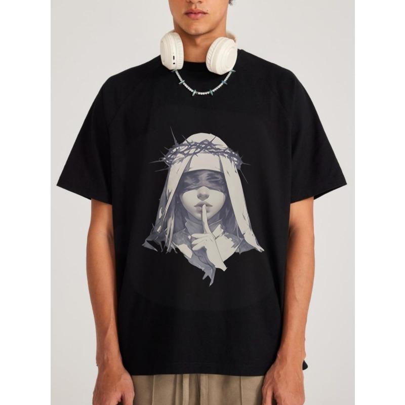 Schwarzes T-Shirt mit religiöser Figur, Dornenkrone und Schweige-Geste-Grafik für Streetwear-Mode, Freizeitkleidung