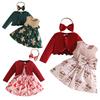 Toddler Baby Girls 3-Piece Christmas Outfit Long Sleeve Frilly Velvet Cardigan with Sleeveless Bowknot Cute Printed Dress and Bow Headband