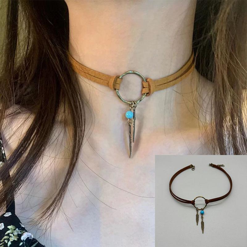 Vintage Bronze Leaf Pendant Leather Geometric Round Clavicle Choker Necklace