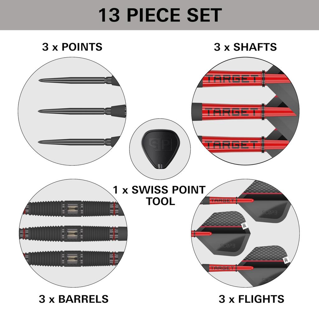 TARGET Darts Scope Steel Tip Swiss Point Tungsten Dart Barrel Steel Tip Darts Red Black Swiss Point Tool Professional Dart Set Darts, 90% Set, 04-22G