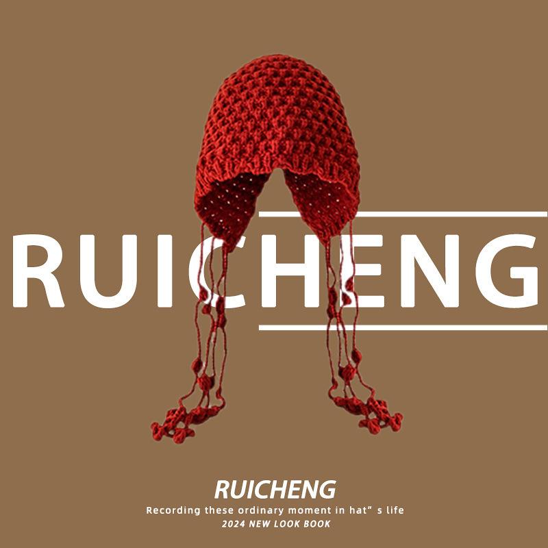 Sweet and cute little red knitted hat children autumn and winter red festive ear protection warm trendy baotou wool hat