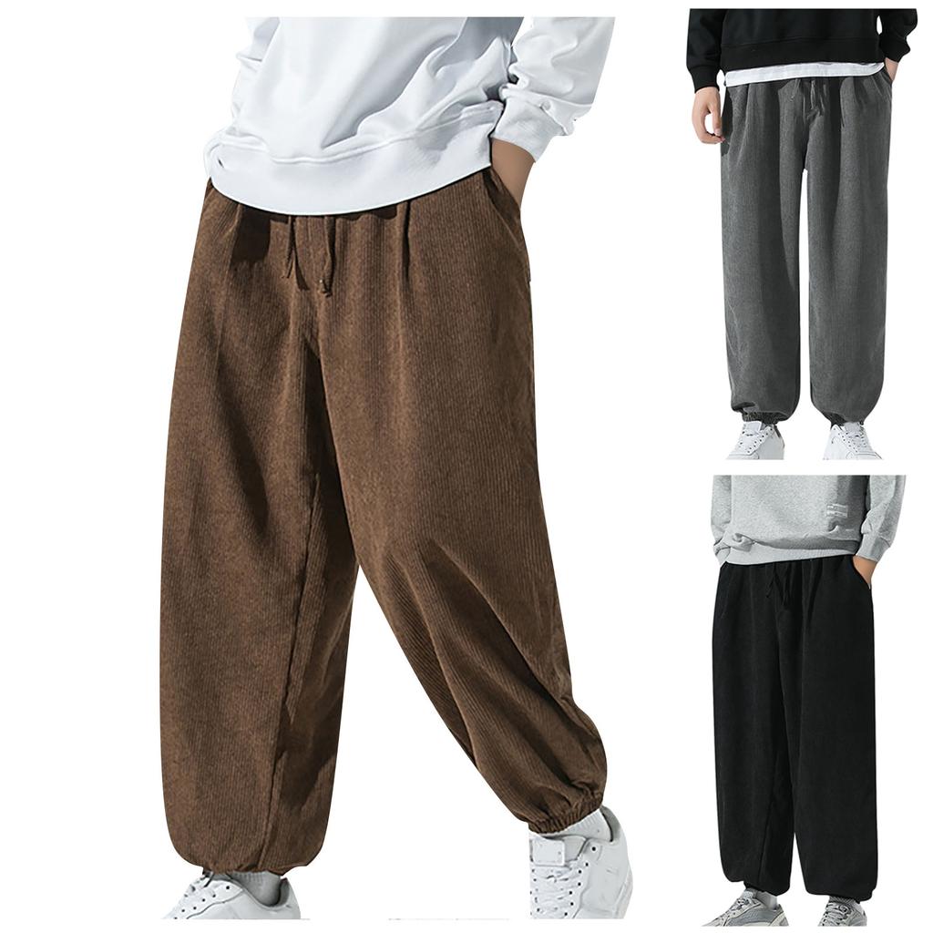 Men's Casual Corduroy Loose Fit Jogger Pants Elastic Waistband Drawstring Closure Harem Style Trousers with Ankle Cuffs for Everyday Wear