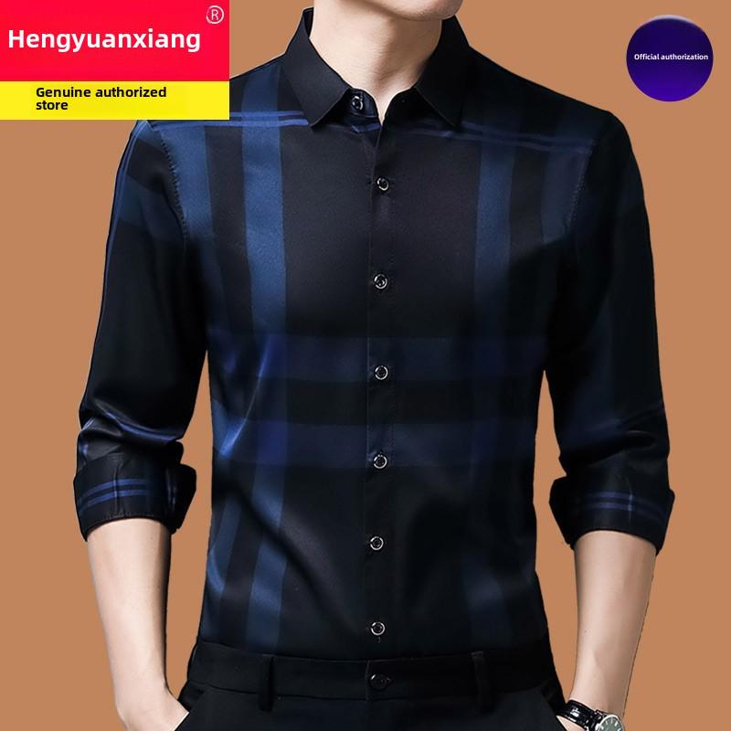 Hengyuanxiang Men's Autumn Plaid Long Sleeve Iron-Free Casual Shirt