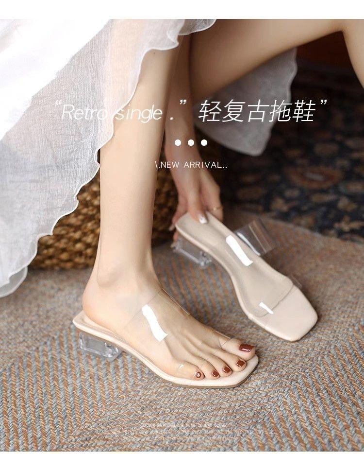 High heels fairy sexy crystal thick heel transparent cool slippers wear high sense niche 2025 summer new