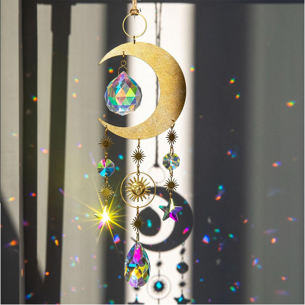 1pc Moon Stars Crystal Pendant Crystal Sun Catcher Hanging Window Home Decor Light Shadow Wind Chime