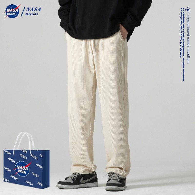 Nasa Corduroy Pants for Men, New Autumn and Winter Style, Loose Straight-Leg Fleece-Lined Wide-Leg Pants for Boys, Sports Casual Long Pants