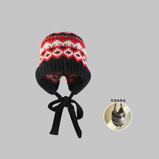 Adjustable vintage jacquard ethnic style women's autumn and winter tie-back ear-protecting knitted warm versatile beanie hat
