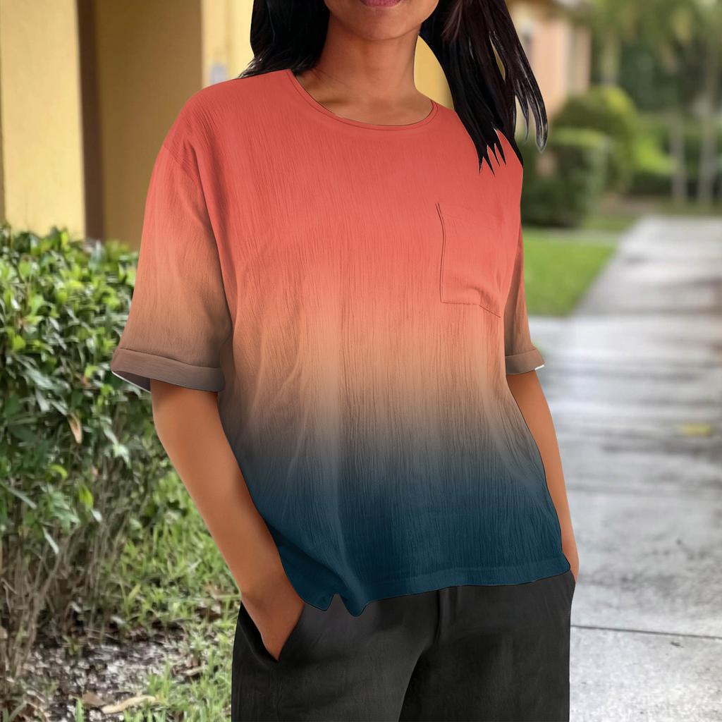 Fashionable Women's T-shirt Short Sleeved Casual Top With Pocket Gradient Print Round Neck Lightweight Shirt