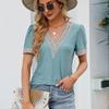 Casual Elegant Lace Shirts Fashion Summer Short Sleeve T-shirt Woman Tops Hollow V-neck Blouse Women Solid Color Blusas 25814