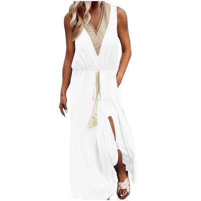 Womens Guipure Lace V Neck Beach Maxi Dress Loose Sleeveless Boho Flowy Summer Dress