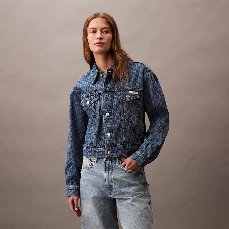 CALVIN KLEIN SS25 Jeans CK All-Over Print Vintage Washed Cropped Denim Jacket Women 47B010G