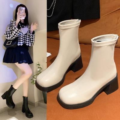White Slimming Elastic Boots High Heels Thick Soled Martin Boots Women's Thick Heels Chelsea Short Boots Slim Boots
