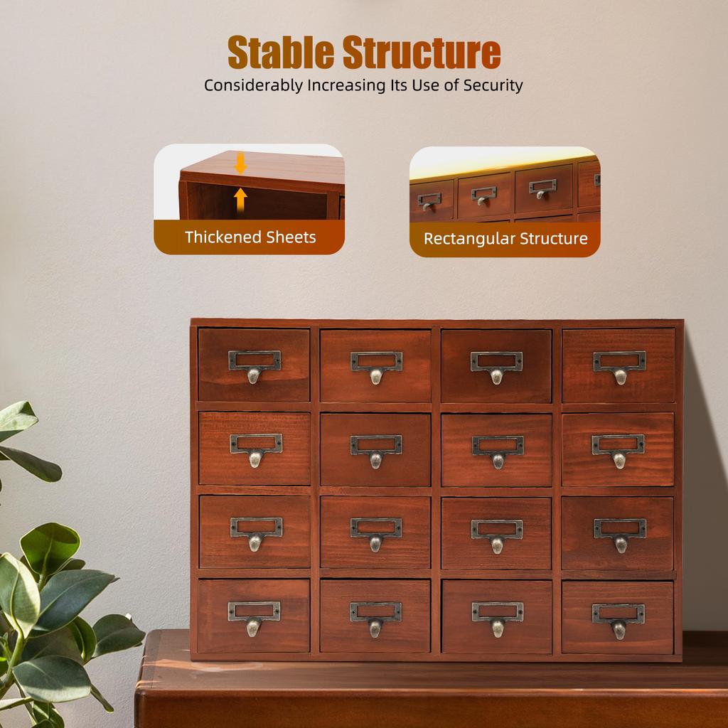 Vintage 16 Drawer Organizer, Wooden Storage Box with Label Holders for Jewelry, Cosmetics, Office Supplies