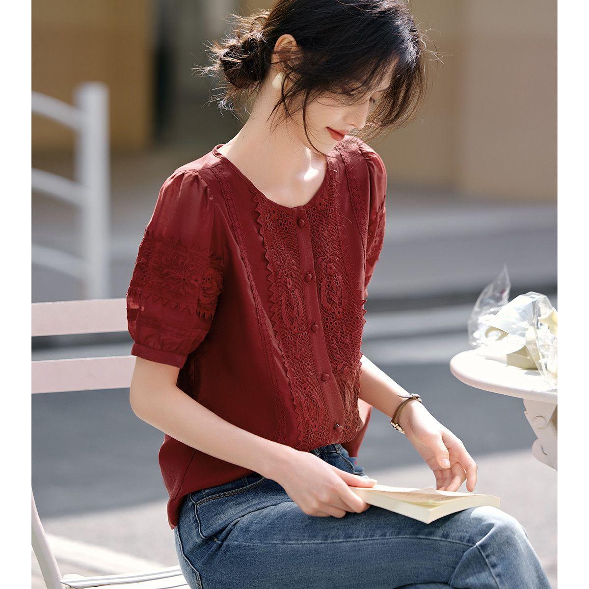 

Рубашка с рукавами-пузырями, женская летняя, с литературным ретро-дизайном, с короткими рукавами S красный