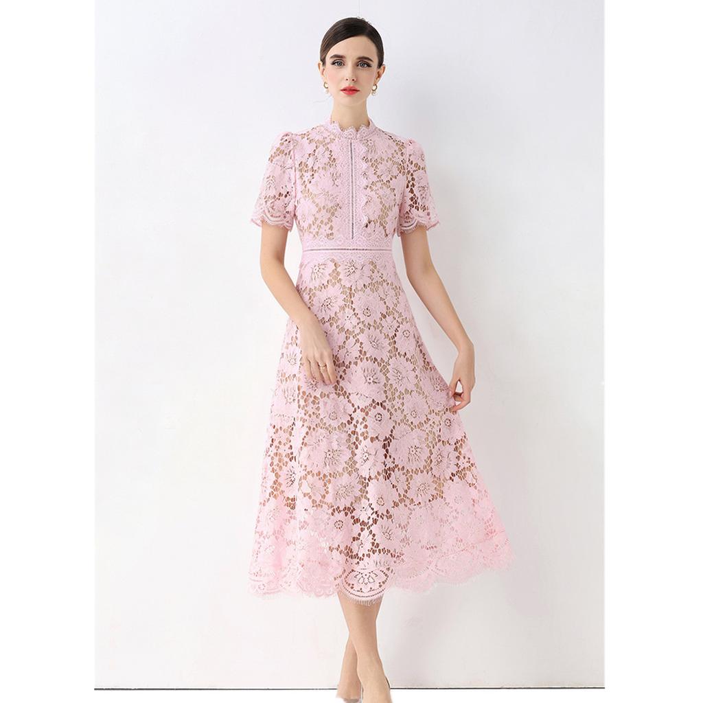 High Quaity Solid Lace Hollow Out Summer Dress for Women Elegant Stand Collar Short Sleeve Slim Midi Dresses