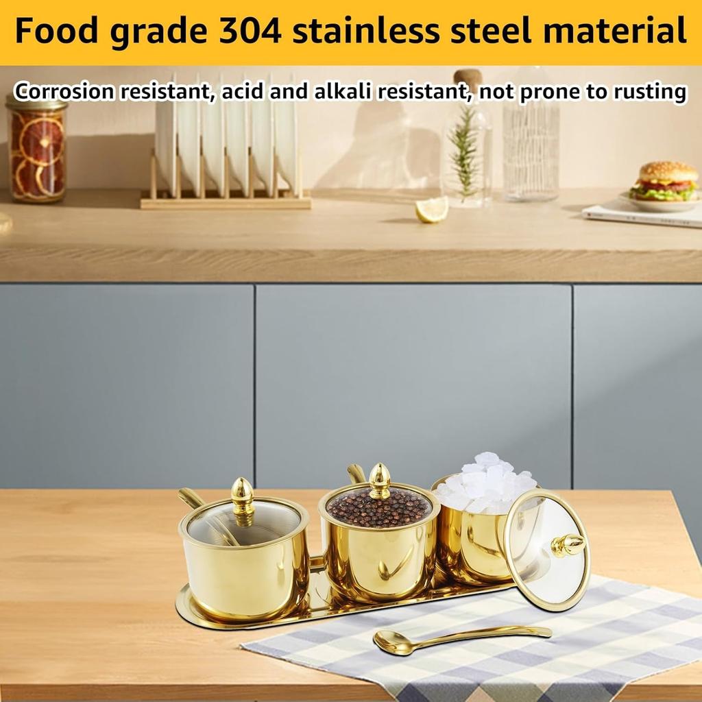Edelstahl Zuckerschale Set mit Glasdeckel und Löffel 3-Fächer Gewürzglas Set mit Tablett Wiederverwendbare Gewürzdosen Töpfe Set Stilvolle Gewürzbox