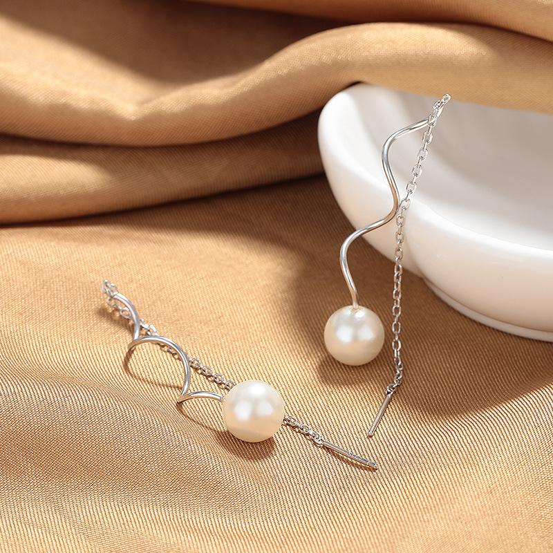 Silver Earphone Female Long Tassel Personalized Fashion Simple Stud Earrings Geometric Curve Ear Jewelry Cross Mirror