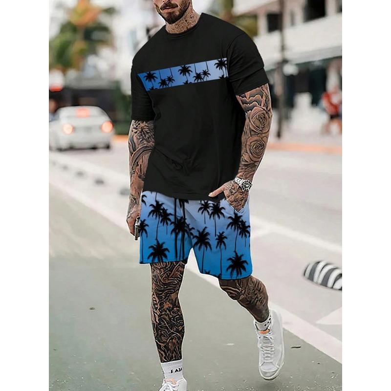 23 Prints Mens 2Pcs Casual Outfit Trendy Short Sleeve T-Shirt Quick-Dry Shorts Set For Stylish Summer Workouts Athleisure Wear