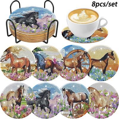 8 Pieces/set of Diamond Painted Horse and Flower Patterned Coasters with Brackets DIY Coasters for Beginners and Adults, Art and Craft Supplies Gifts
