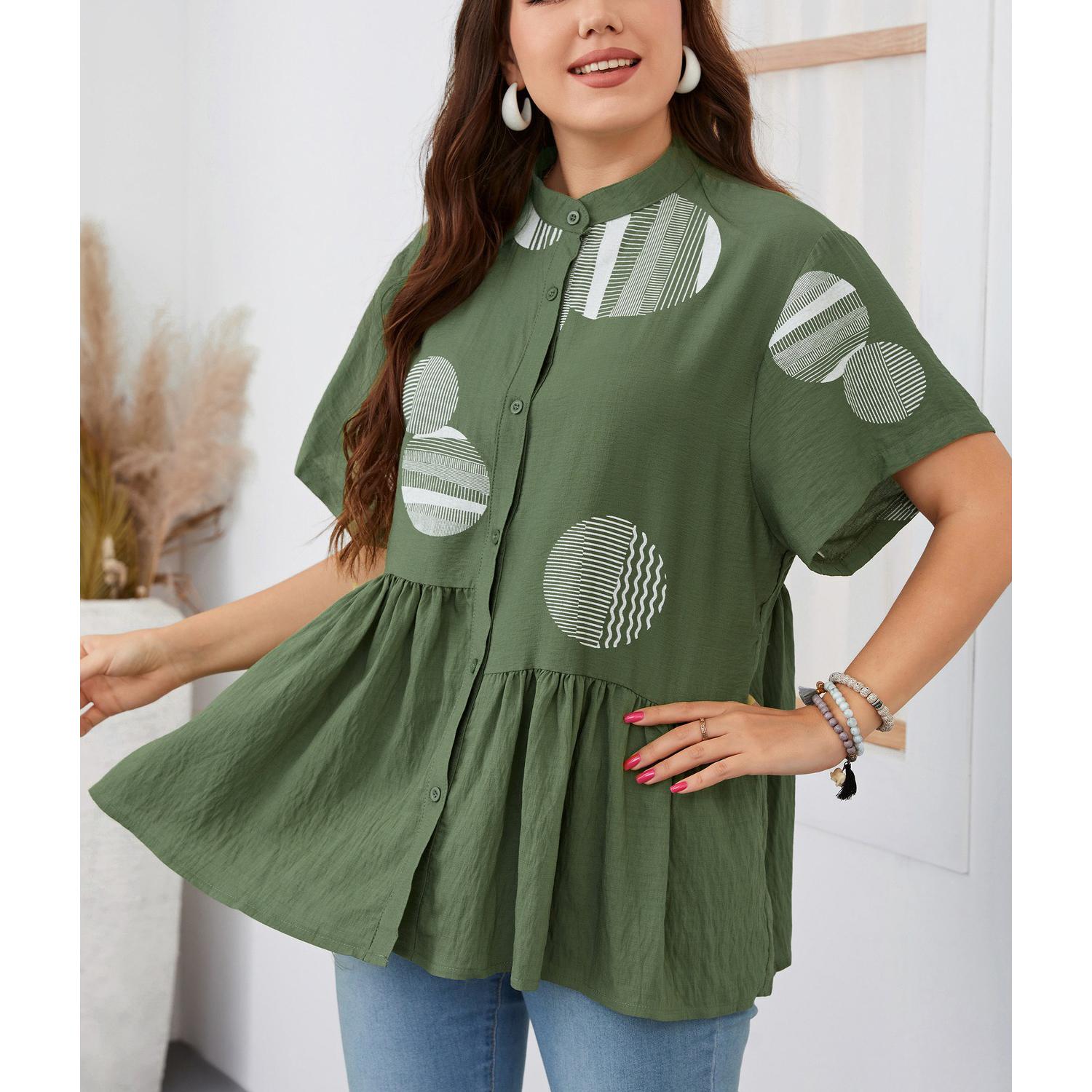 

Женская рубашка с круглым вырезом и графическим принтом, с коротким рукавом и баской на пуговицах, с высокой талией, свободная повседневная рубашка, легкая дышащая модная рубашка для поездок на работу плюс 3XL