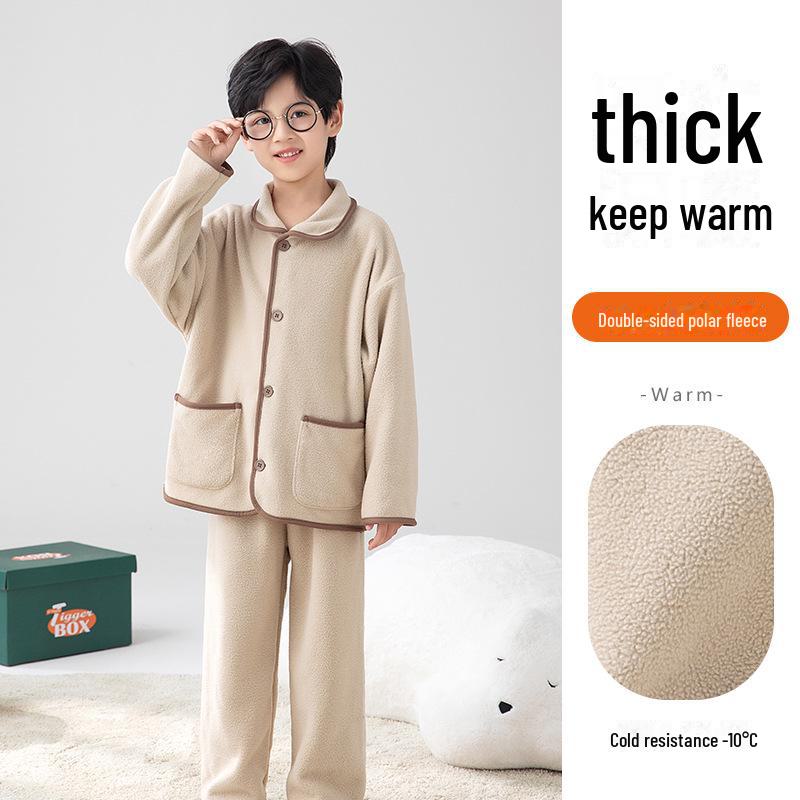 

Детский двухсторонний флисовый пижамный комплект - для мальчиков и девочек, теплая зимняя домашняя одежда 160 cm хаки