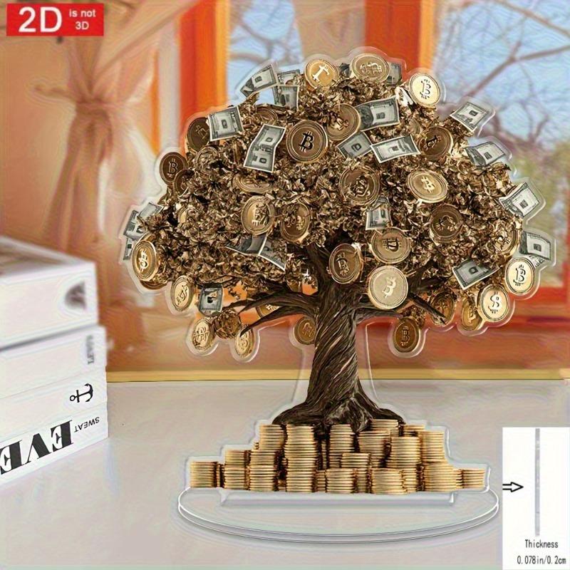 Dwuwymiarowa płaska akrylowa dekoracja stołu w kształcie drzewa pieniędzy, wisząca tabliczka ozdobna do domu, ozdobna dekoracja ogrodowa na drzwi pokoju, wiszące kwadratowe tabliczki Livi