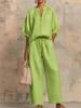 Women's Pink Short Sleeve V-Neck Zipper Front Drawstring Waist Wide Leg Pants Set