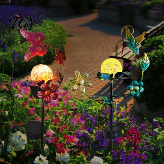 Outdoor Solar Garden Lights Glass Cracked Ball Light, Butterfly Hummingbird Metal Nature Inspired Accents Stake Waterproof Yard Lamp for Patio