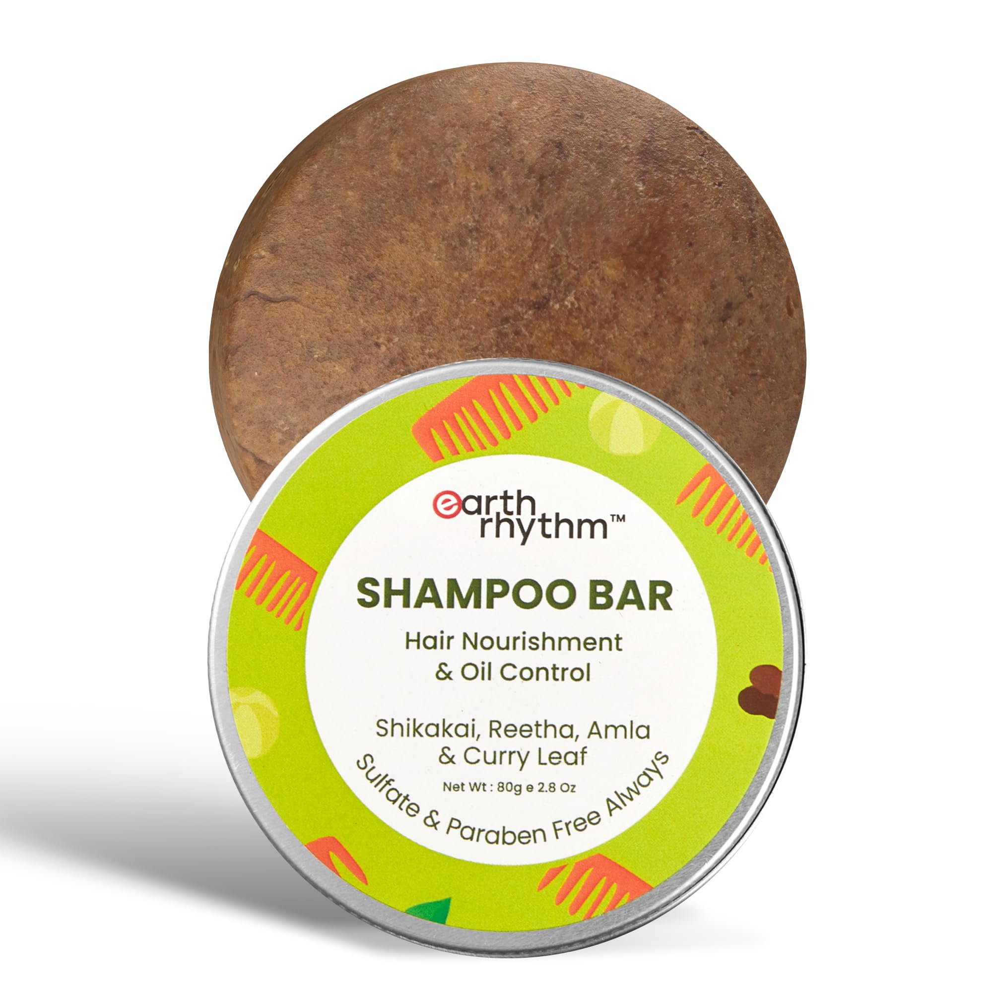 Earth Rhythm Shikakai Shampoo Bar for Hairfall | Contains Shikakai, Curry Leaf, Reeta & Amla Extracts | Men & Women | Sulphate & Paraben Free (Tin