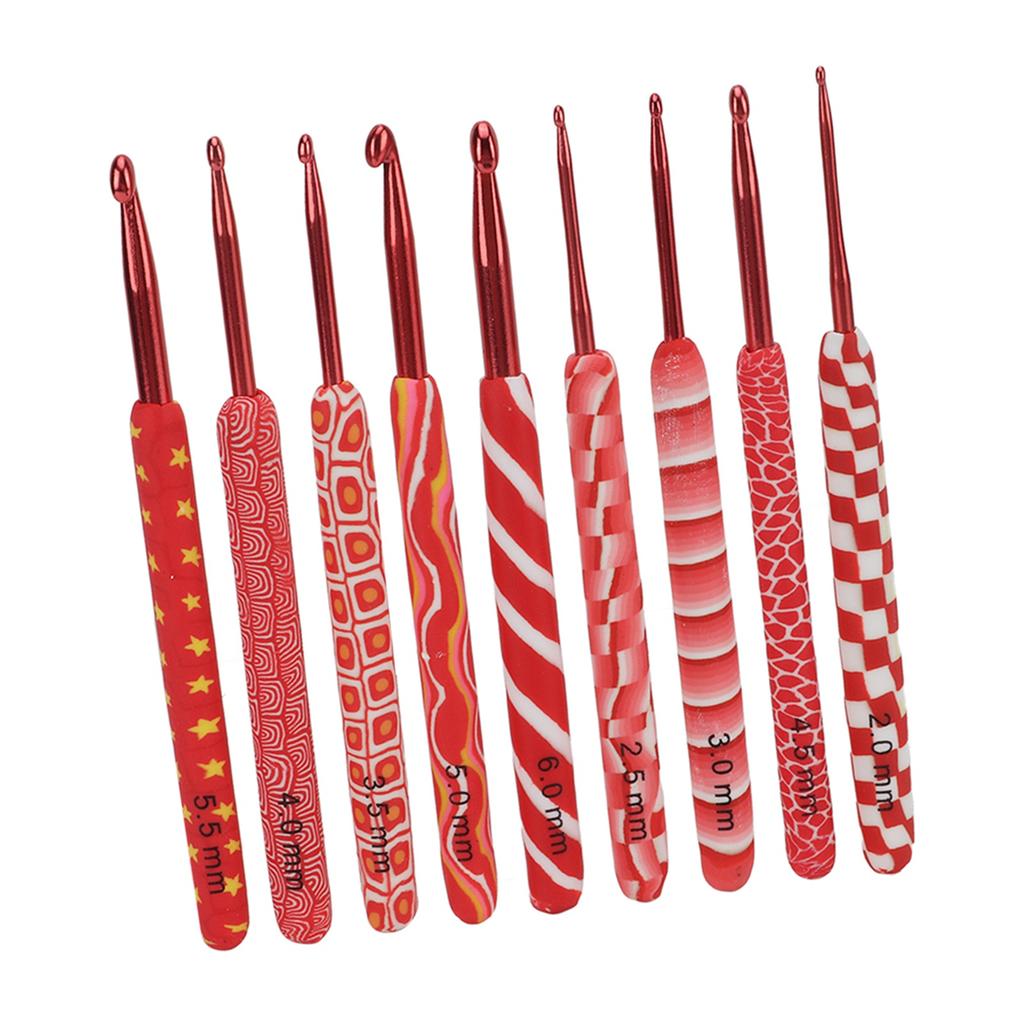 9pcs Crochet Hooks Differentiable Sizes Red Handle Ergonomic Grip Aluminum Material Knitting