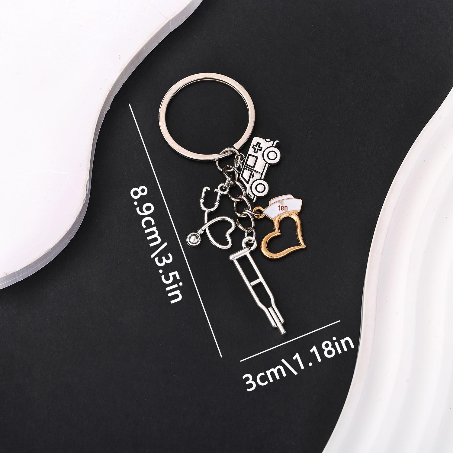 Antique Silver Heart-Shaped Nurse Cap & Ambulance Keychain Pendant