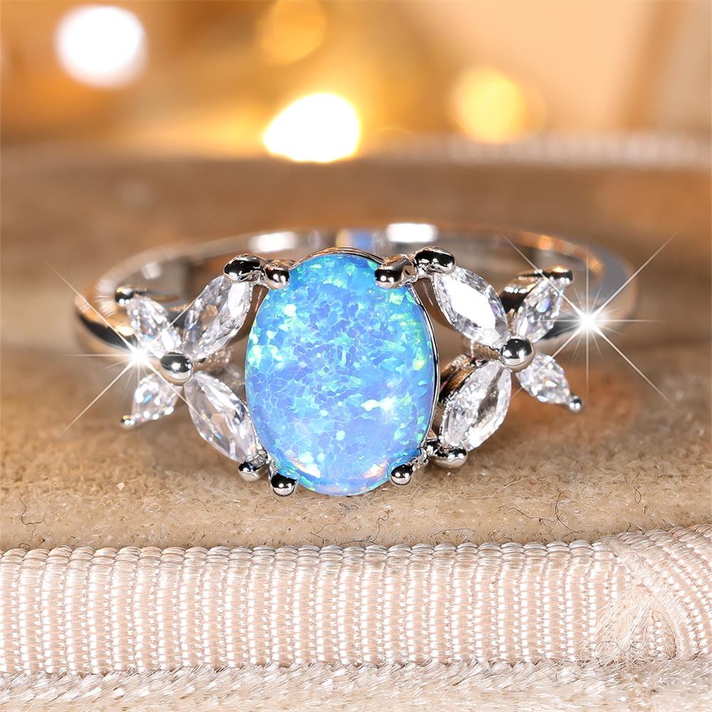 Blauer Opal Niedliche Eiform Steinringe Für Frauen Weißer Zirkon Vintage Silberfarbe Verlobung Versprechensringe Braut Hochzeits Schmuck