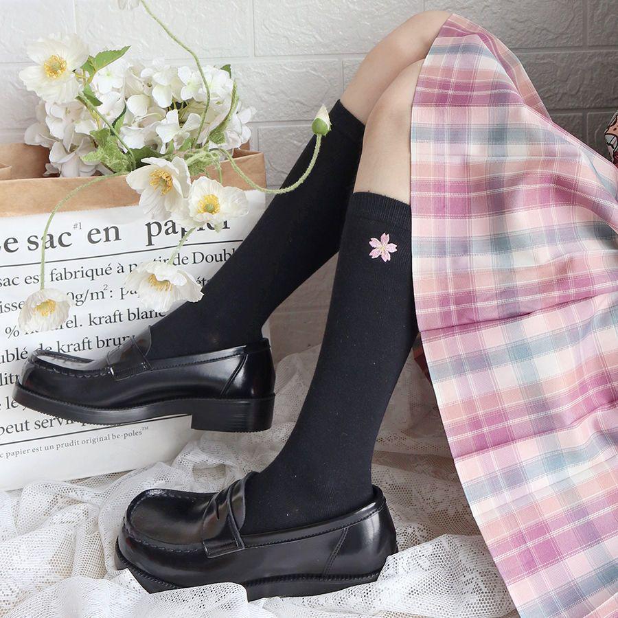 

Sakura Embroidered Calf Socks - Cute Casual Style for Women & Students One Size