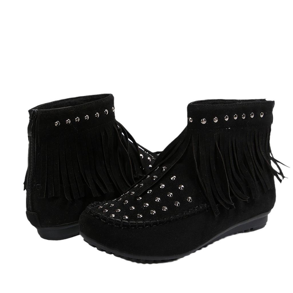 Women's Boots Short Boots Autumn and Winter Rivet Large Size Flat Bottom Fringed Boots